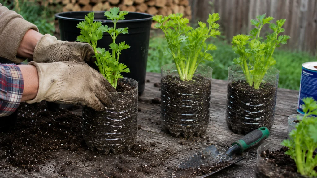 How to Grow Celery Easily Using Just a Few Small Plastic Bottles 5 Transferring Celery Into Soil